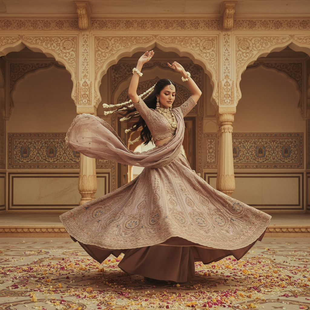 Kuberan Bridal Lehenga – Dusty Rose with Gold Zari Embroidery  Semi Stitched