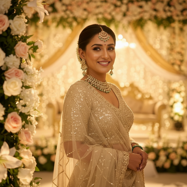 Kuberan Ivory Gold Bridal Lehenga Choli with Embroidered Dupatta semistitch