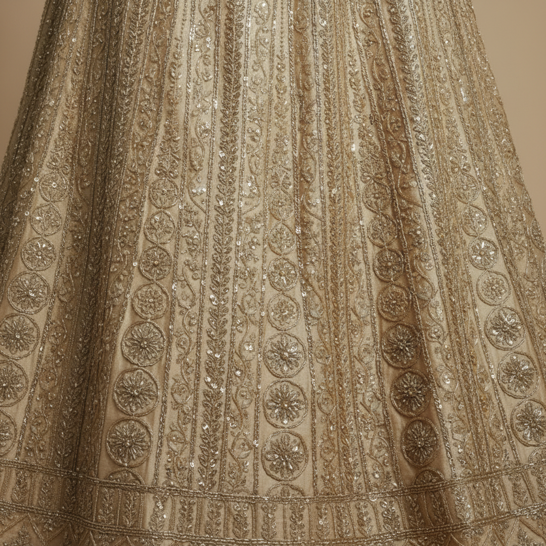 Kuberan Golden unstitched Embroidered Net Lehenga