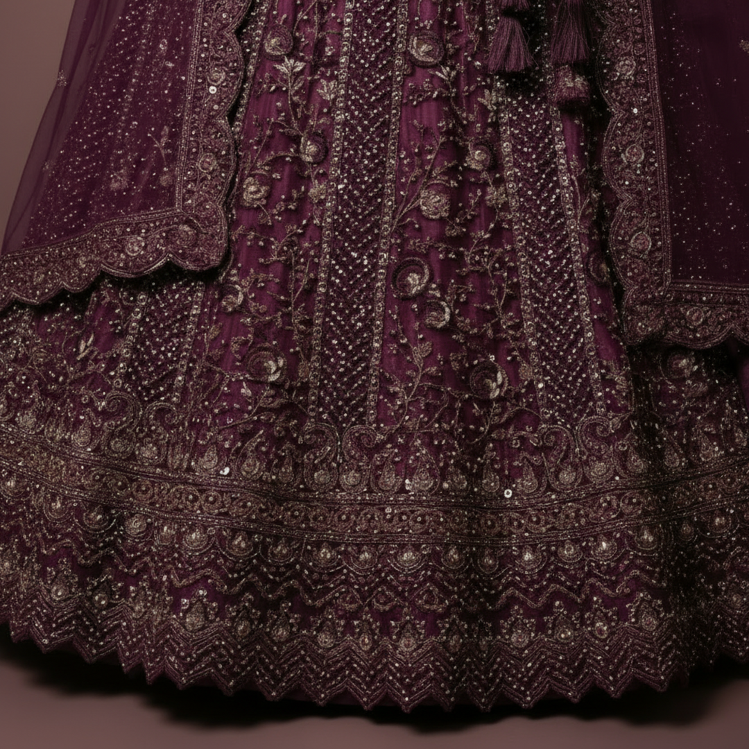 Kuberan Wine Embroidered Net Lehenga