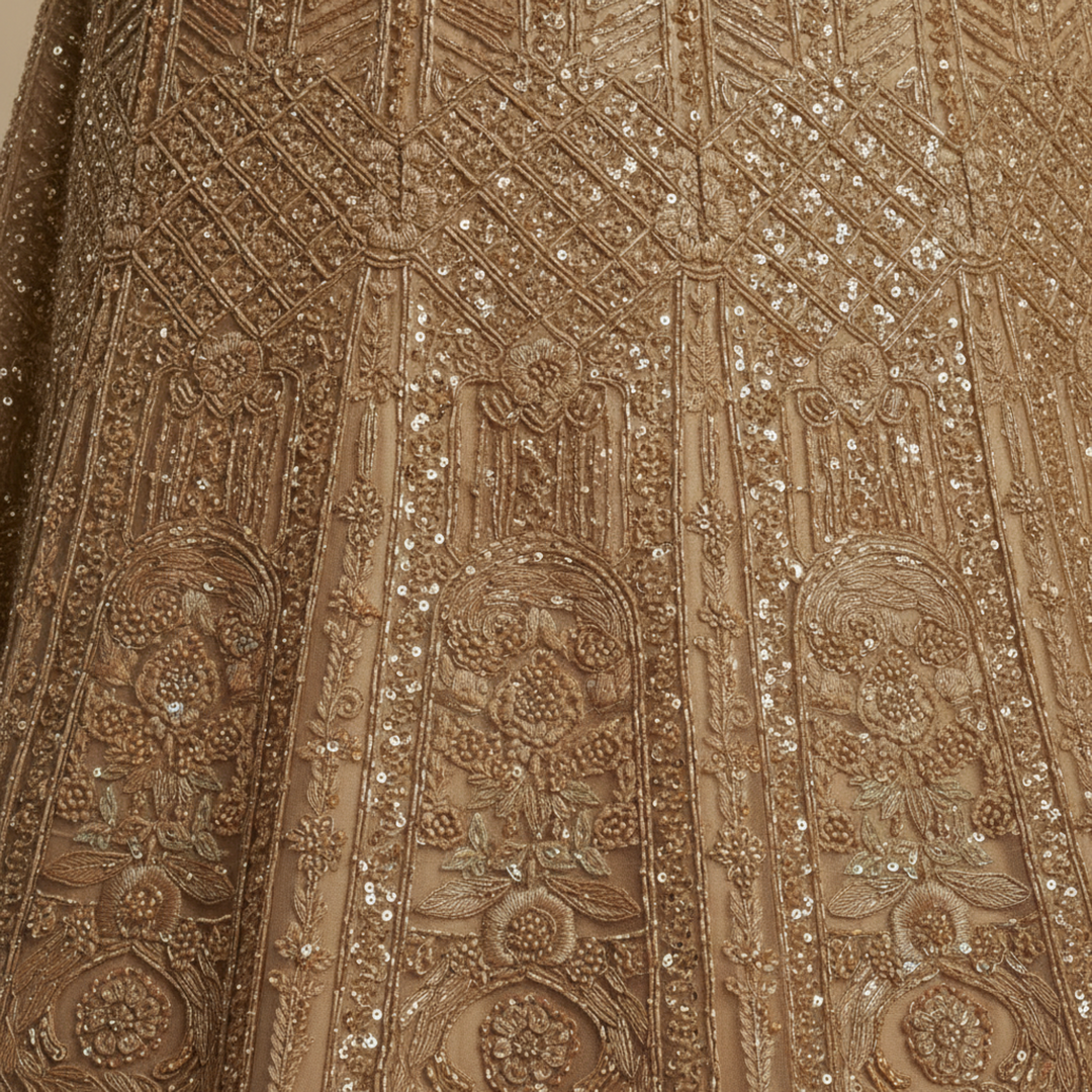 Kuberan Golden Beige Unstitched Embroidered Net Lehenga