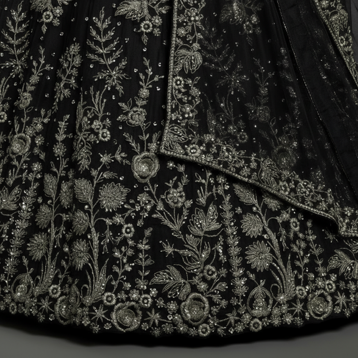 Kuberan unstitched Black Embroidered Net Lehenga