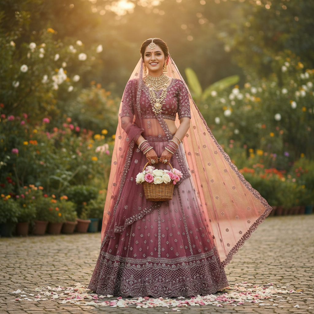 Kuberan Dusty Rose Bridal Lehenga with Silver Embroidery Semi Stitched
