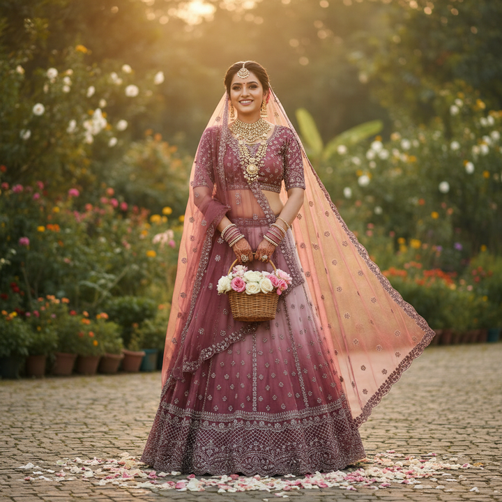 Kuberan Dusty Rose Bridal Lehenga with Silver Embroidery Semi Stitched