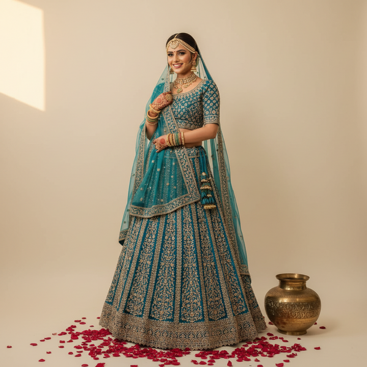 Kuberan Teal Zari Embroidered Bridal Lehenga