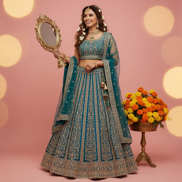 Kuberan Teal Zari Embroidered Bridal Lehenga