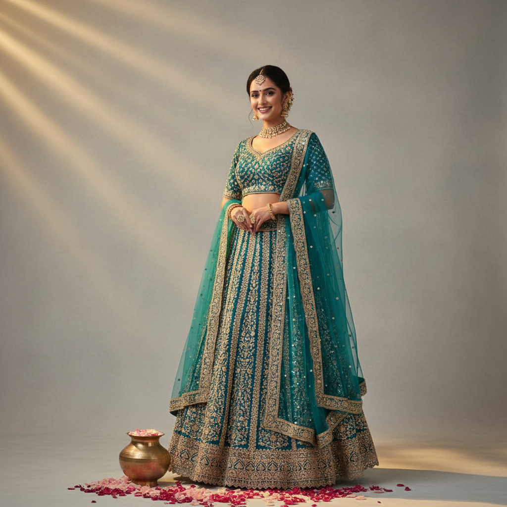 Kuberan Teal Zari Embroidered Bridal Lehenga