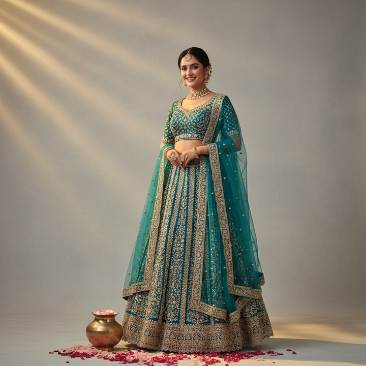 Kuberan Teal Zari Embroidered Bridal Lehenga