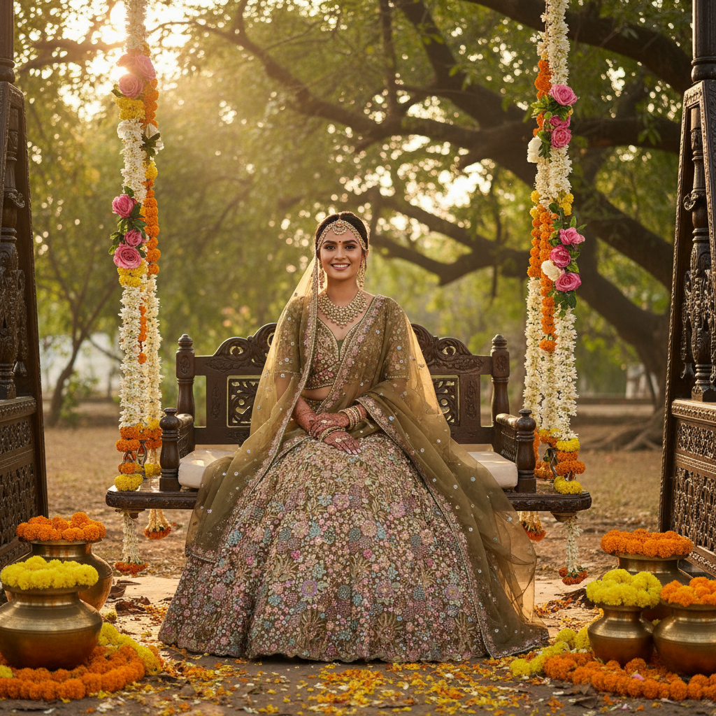 Kuberan Bridal Lehenga – Olive Gold Embroidered