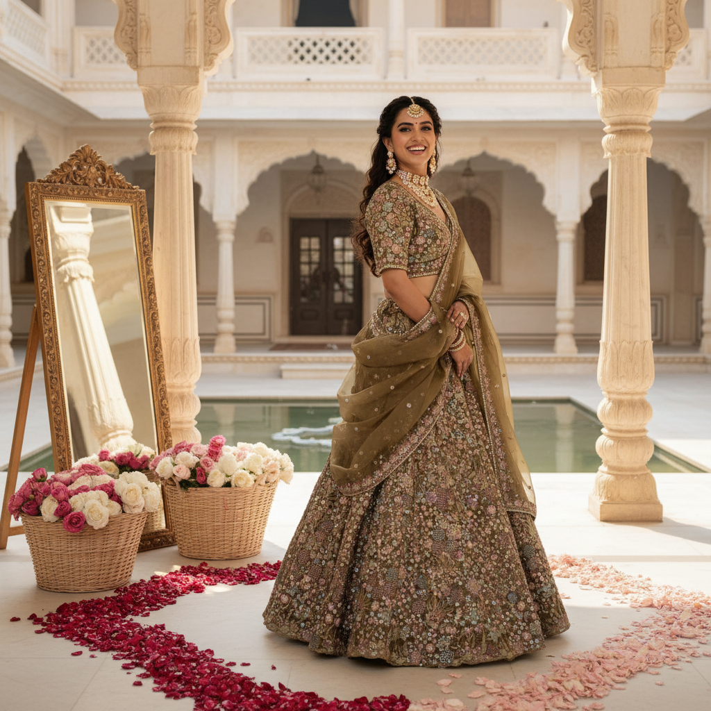 Kuberan Bridal Lehenga – Olive Gold Embroidered
