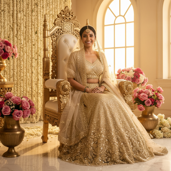 Kuberan Ivory Gold Bridal Lehenga Choli with Embroidered Dupatta semistitch