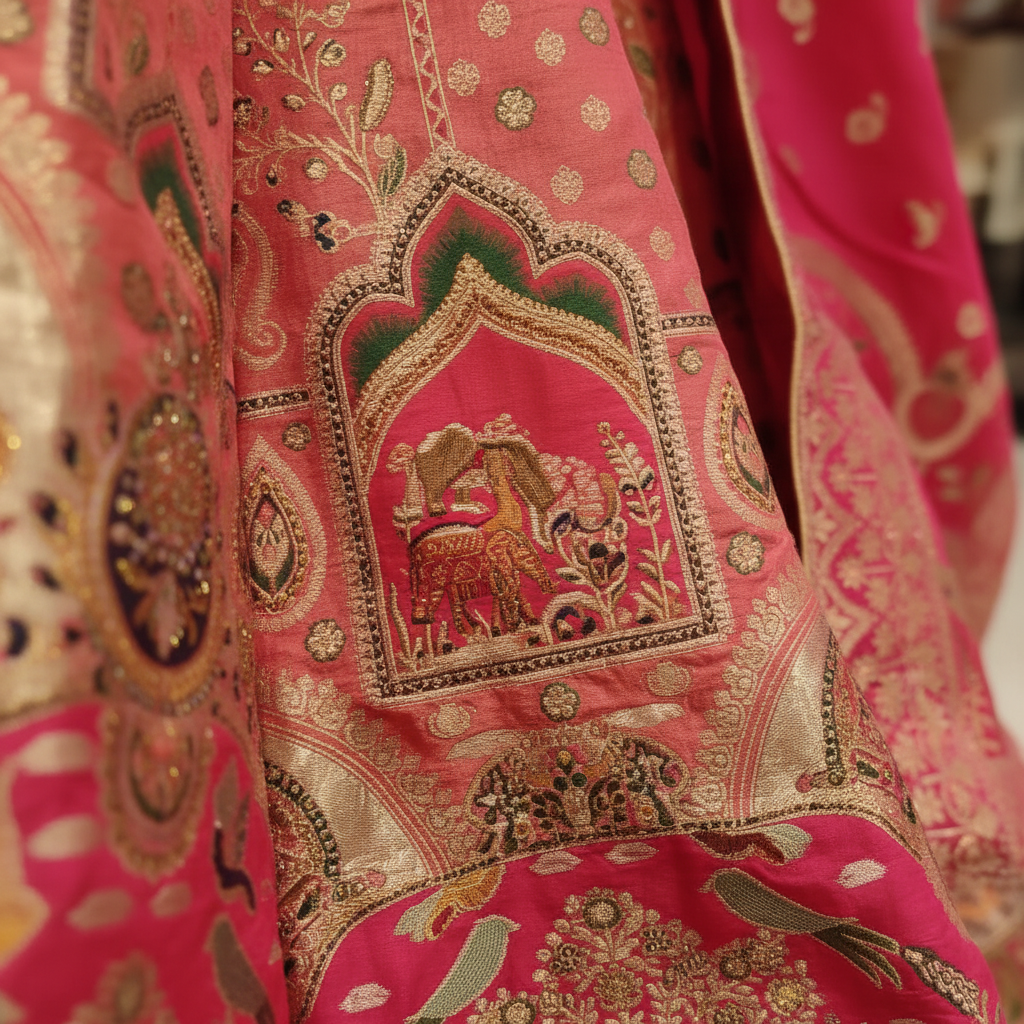 Kuberan Hot Pink Banarasi Silk Lehenga with Gold Zari Elephant Motif semi stitched