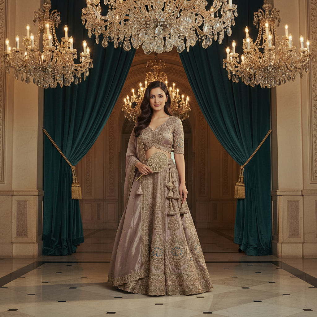 Kuberan Bridal Lehenga – Dusty Rose with Gold Zari Embroidery  Semi Stitched