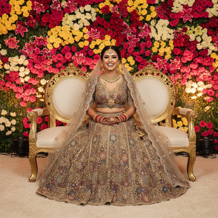 Kuberan Bridal Lehenga – Olive Grey Floral Embroidered