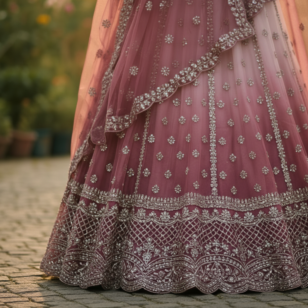Kuberan Dusty Rose Bridal Lehenga with Silver Embroidery Semi Stitched