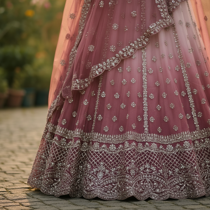 Kuberan Dusty Rose Bridal Lehenga with Silver Embroidery Semi Stitched