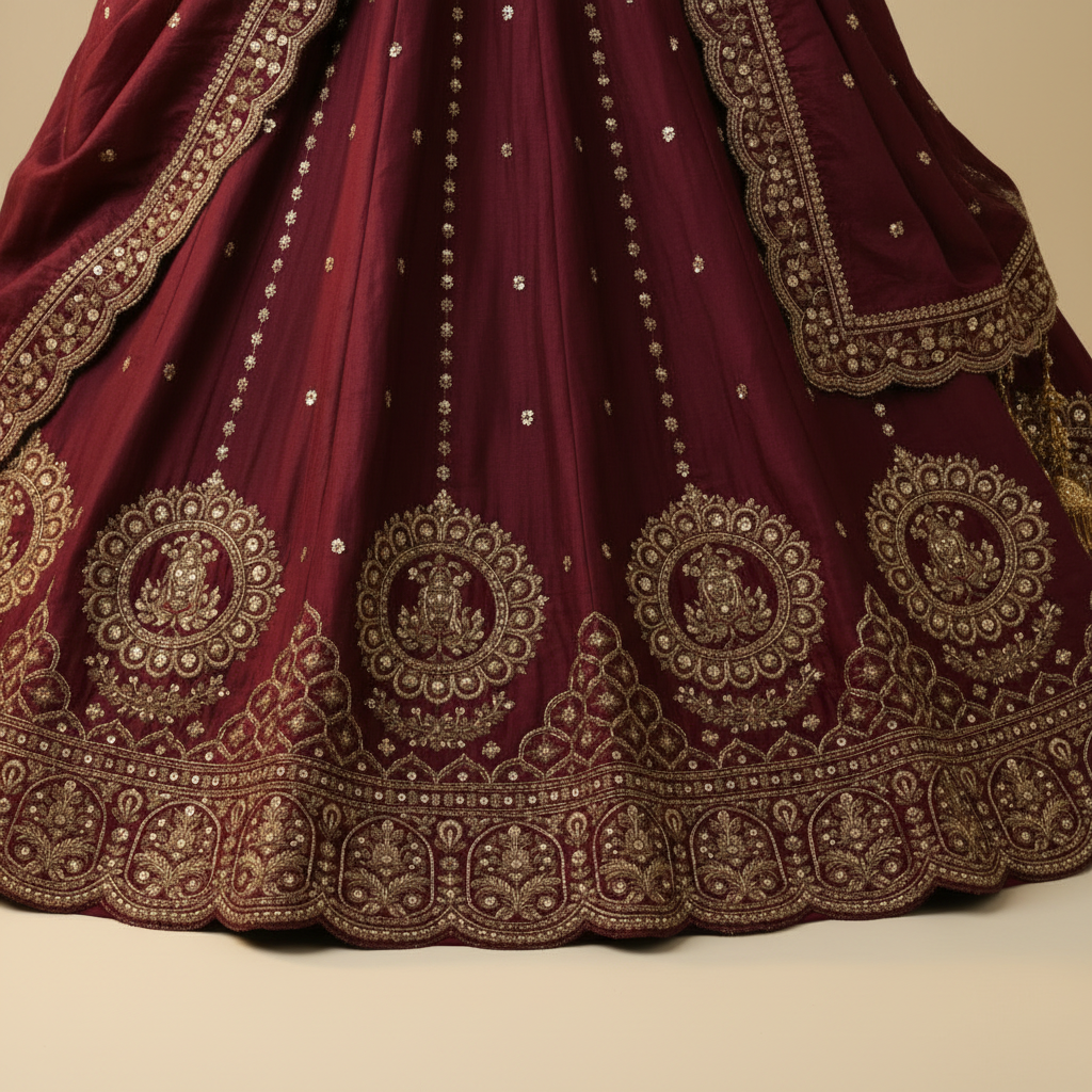 Kuberan Wine Lehenga with Gold Embroidery