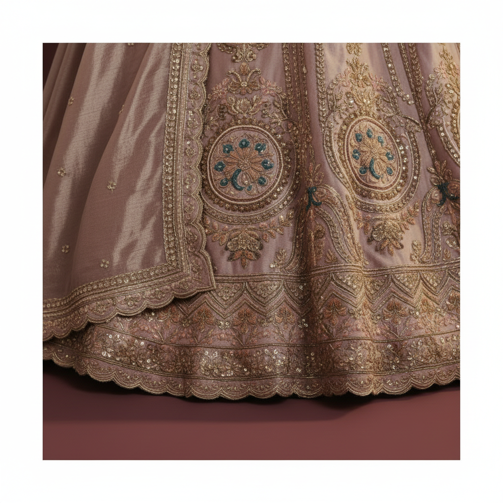 Kuberan Bridal Lehenga – Dusty Rose with Gold Zari Embroidery  Semi Stitched