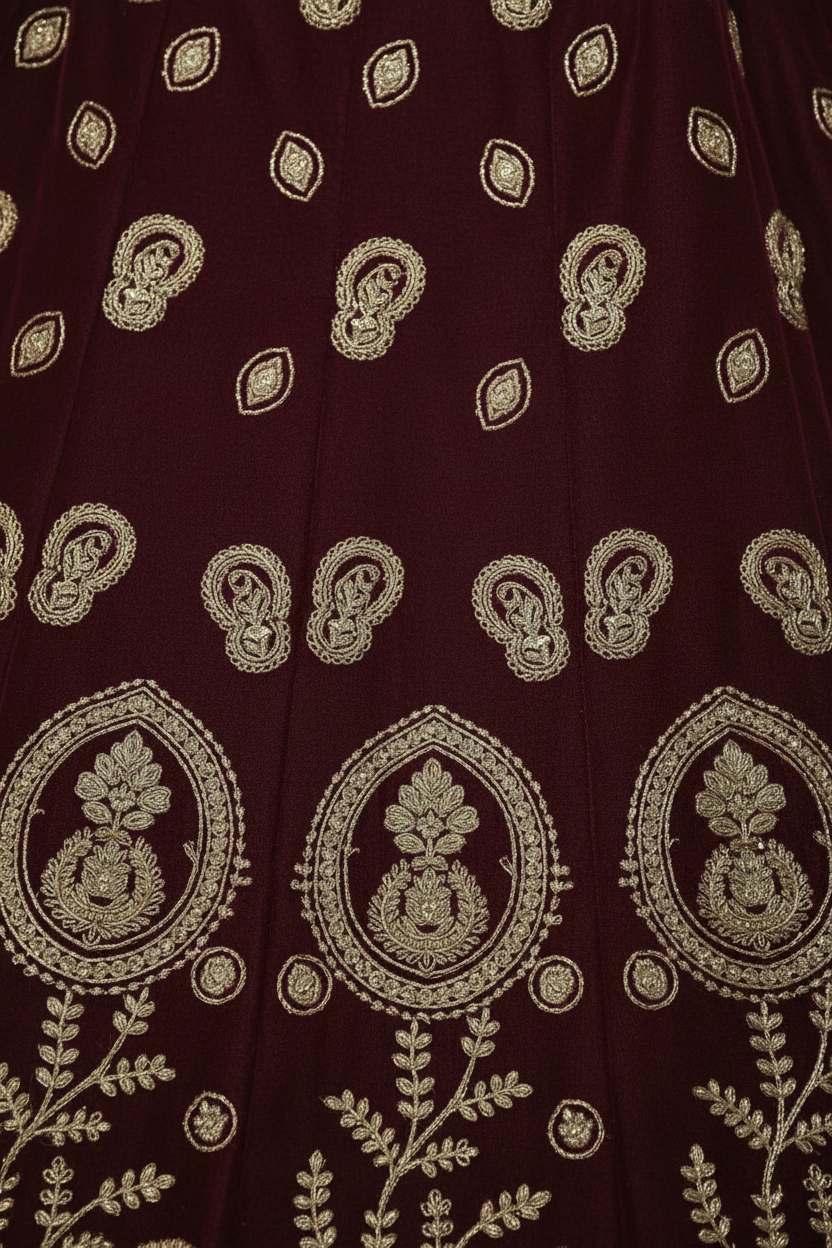 KUBERAN MAROON UNSTITCHED VELVET LEHENGA