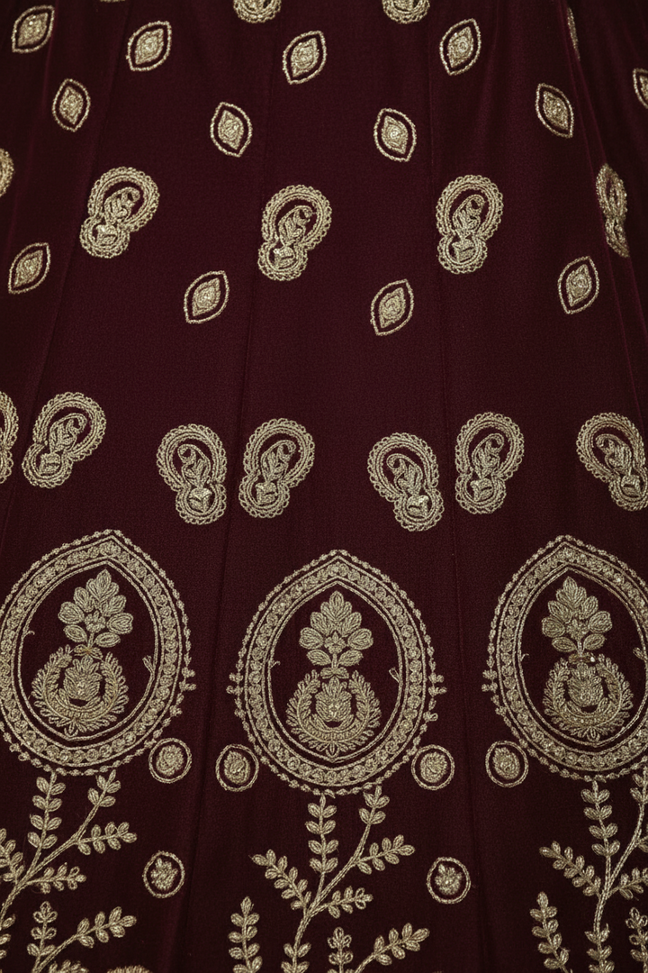KUBERAN MAROON UNSTITCHED VELVET LEHENGA