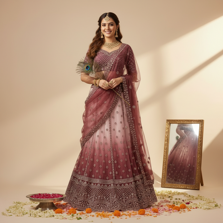 Kuberan Dusty Rose Bridal Lehenga with Silver Embroidery Semi Stitched