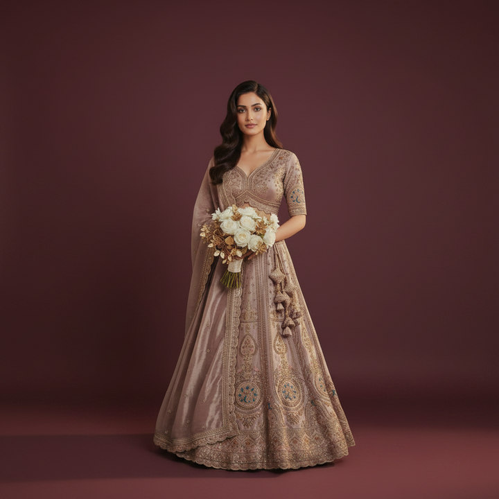 Kuberan Bridal Lehenga – Dusty Rose with Gold Zari Embroidery  Semi Stitched
