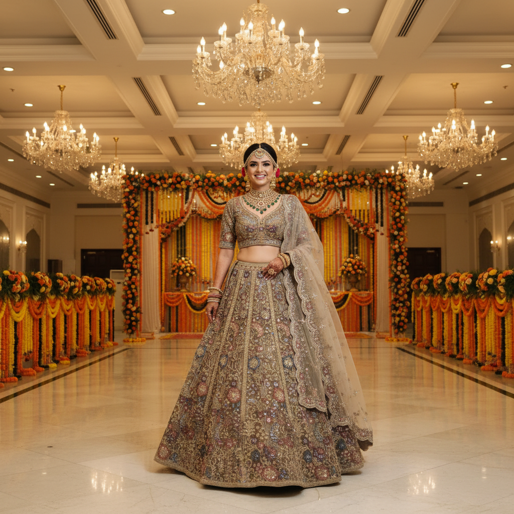 Kuberan Bridal Lehenga – Olive Grey Floral Embroidered