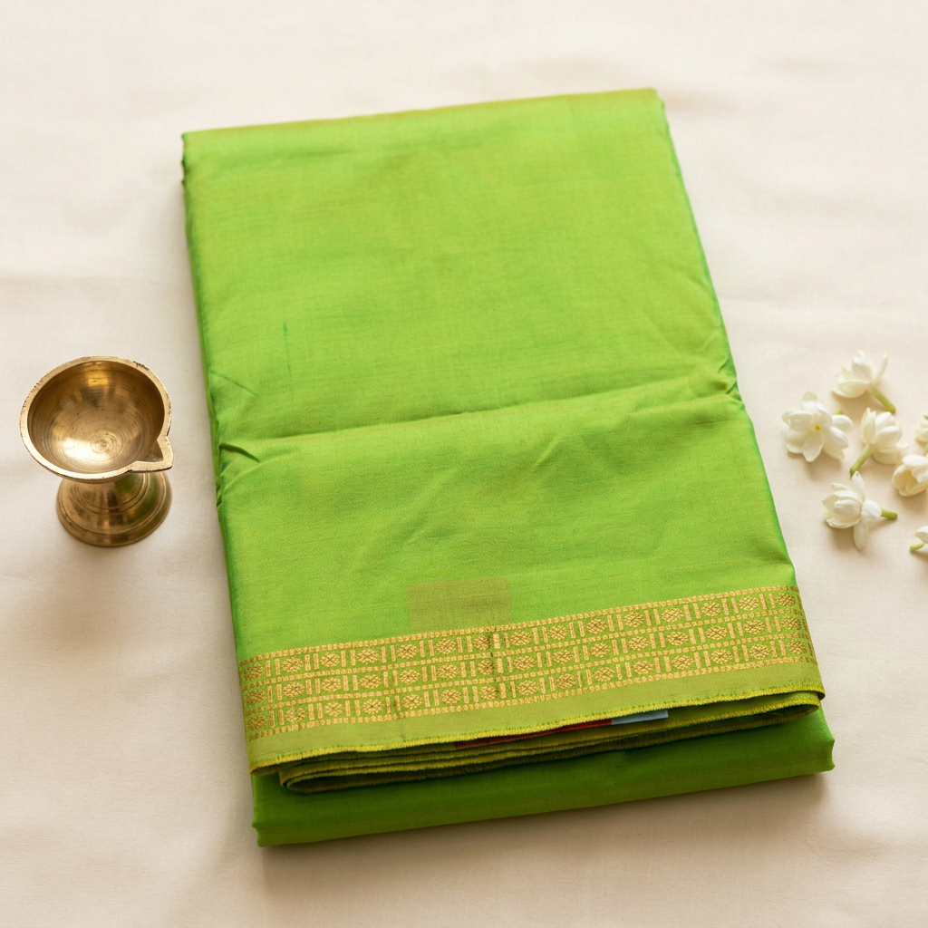 Kuberan Lime Green Pure Silk Dhoti with Gold Zari Border