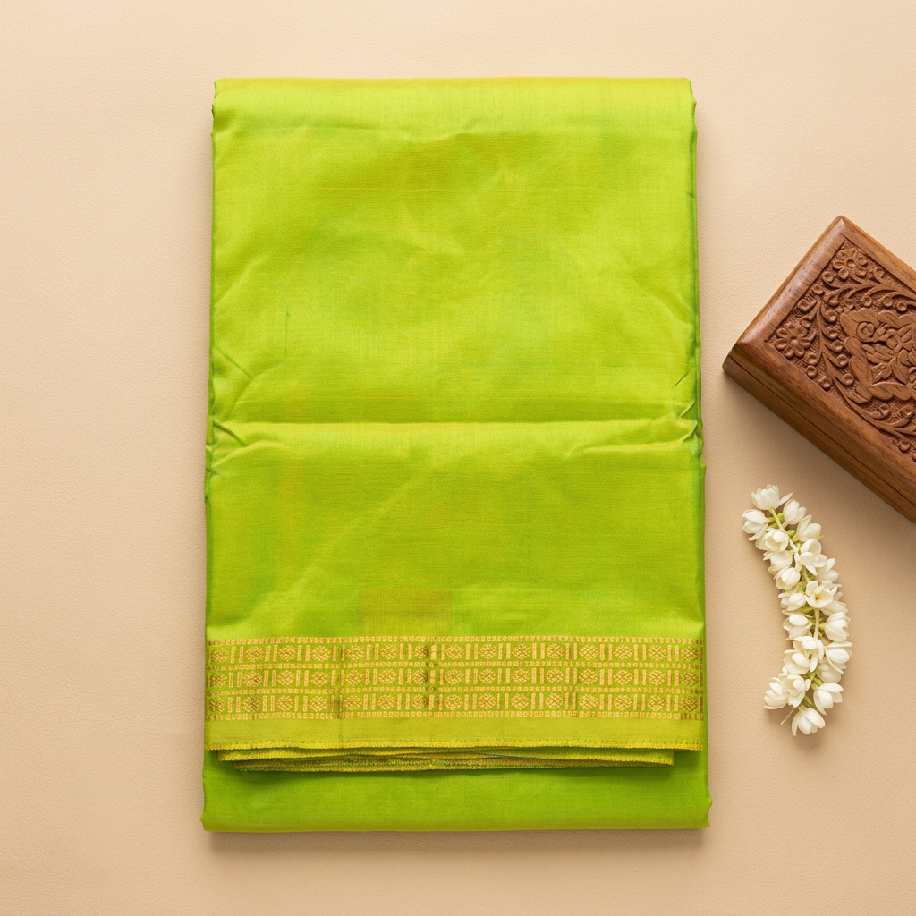 Kuberan Lime Green Pure Silk Dhoti with Gold Zari Border