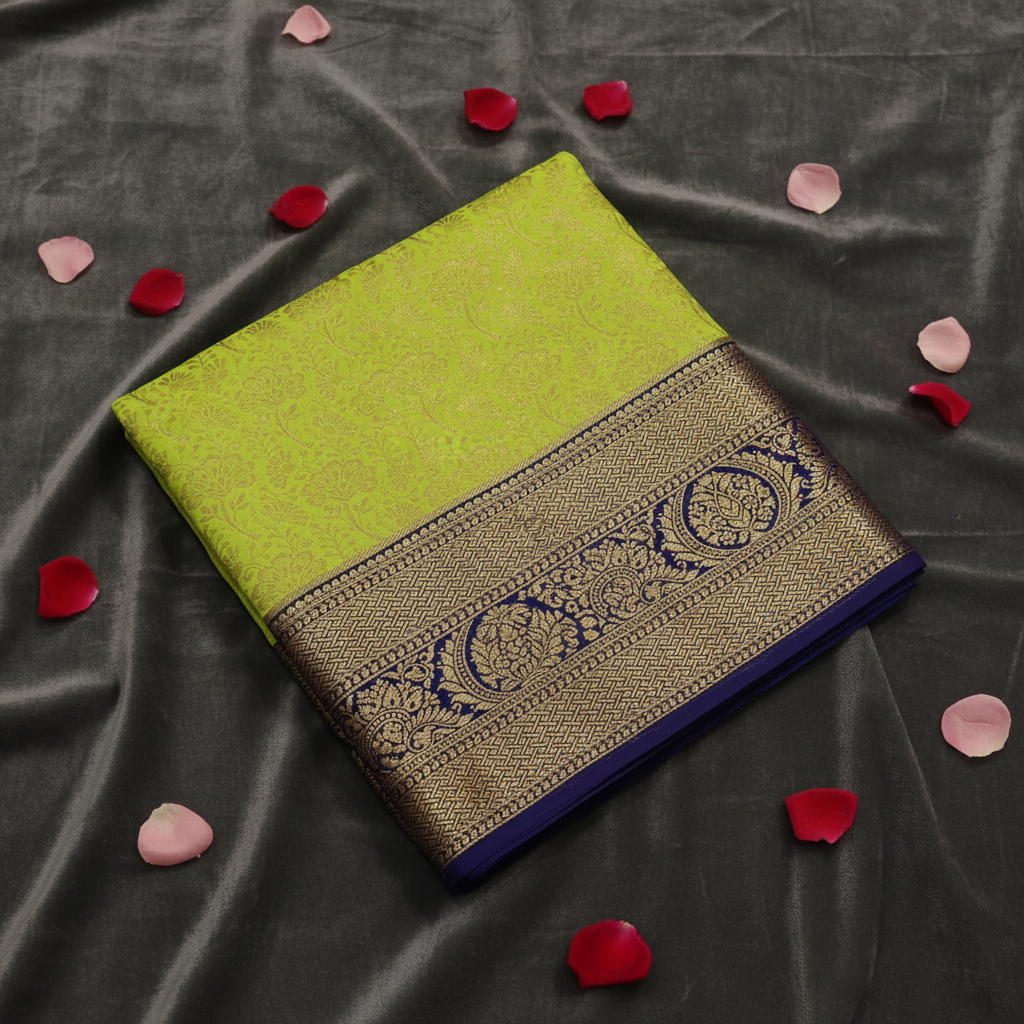 Kuberan Lime Green Navy Blue Art Silk Pavada