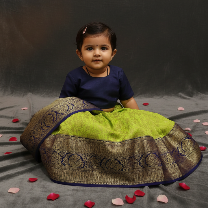 Kuberan Lime Green Navy Blue Art Silk Pavada