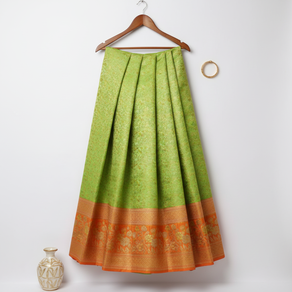 Pavada Rop Thread Lime Green Pavada with Orange Border - Modern Silk Pavada | Kuberan Silks