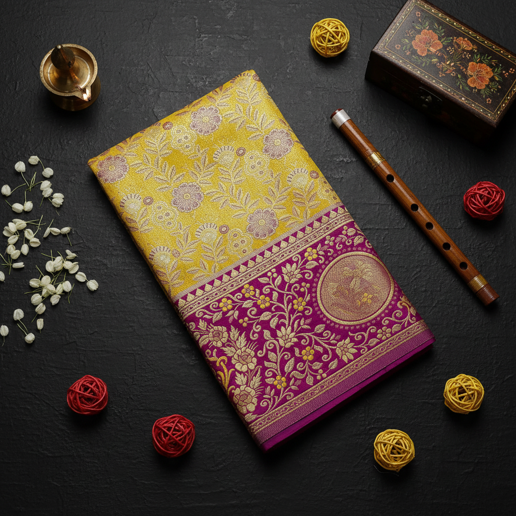 Kuberan Lime Yellow Purple Border Floral Pavada