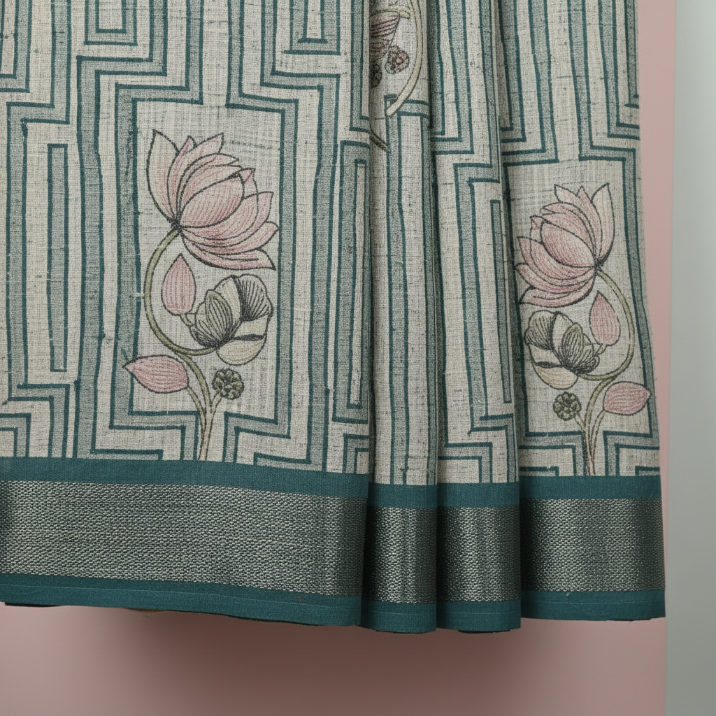 KUBERAN BLUE PRINTED RAW SILK SAREE