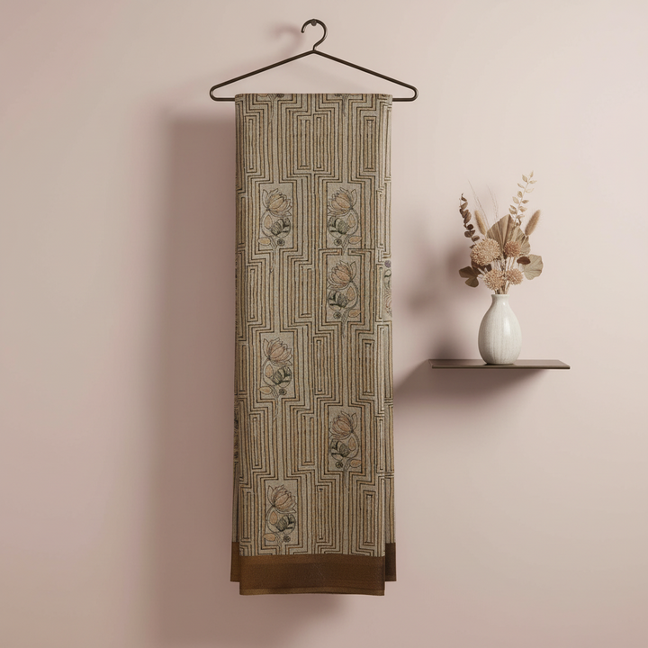 KUBERAN BEIGE PRINTED RAW SILK SAREE