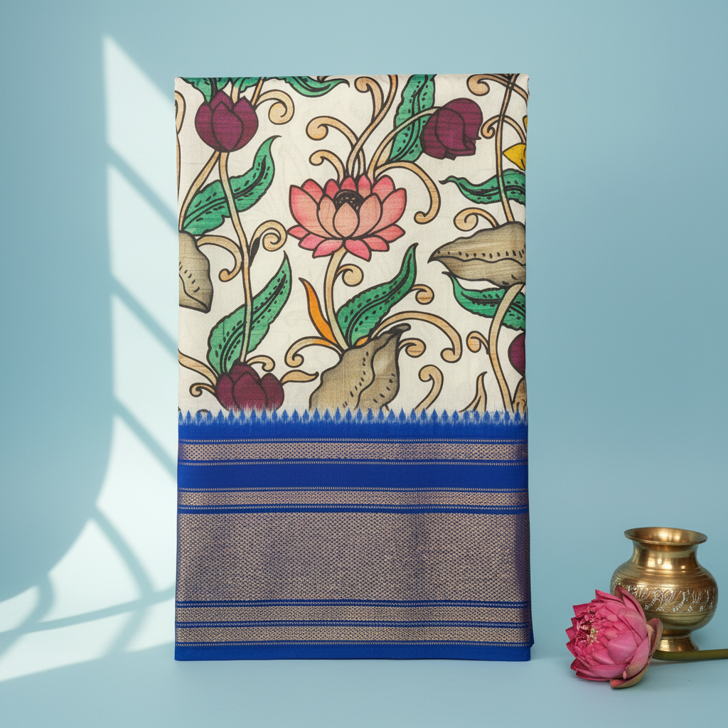 KUBERAN WHITE WITH BLUE POCHAMPALLY SILK SAREE