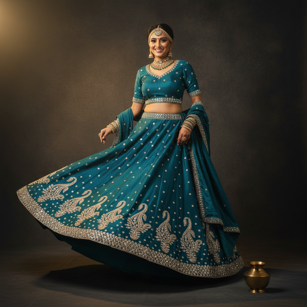 Kuberan Teal Lehenga with Gold Zari Embroidery