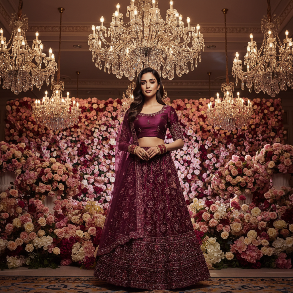 Kuberan Wine Burgundy Semi Bridal Semi Stitched Lehenga.