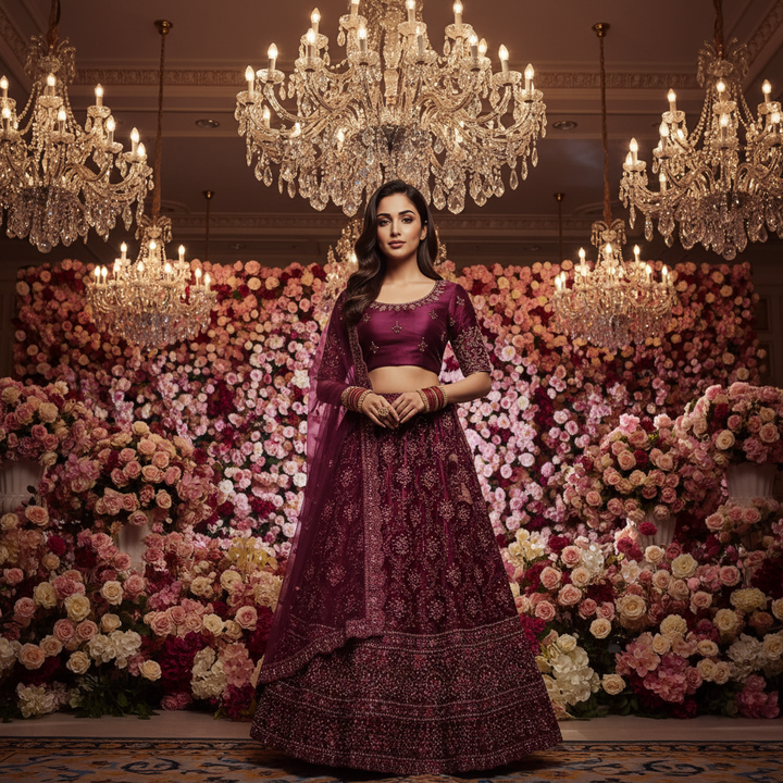 Kuberan Wine Burgundy Semi Bridal Semi Stitched Lehenga.