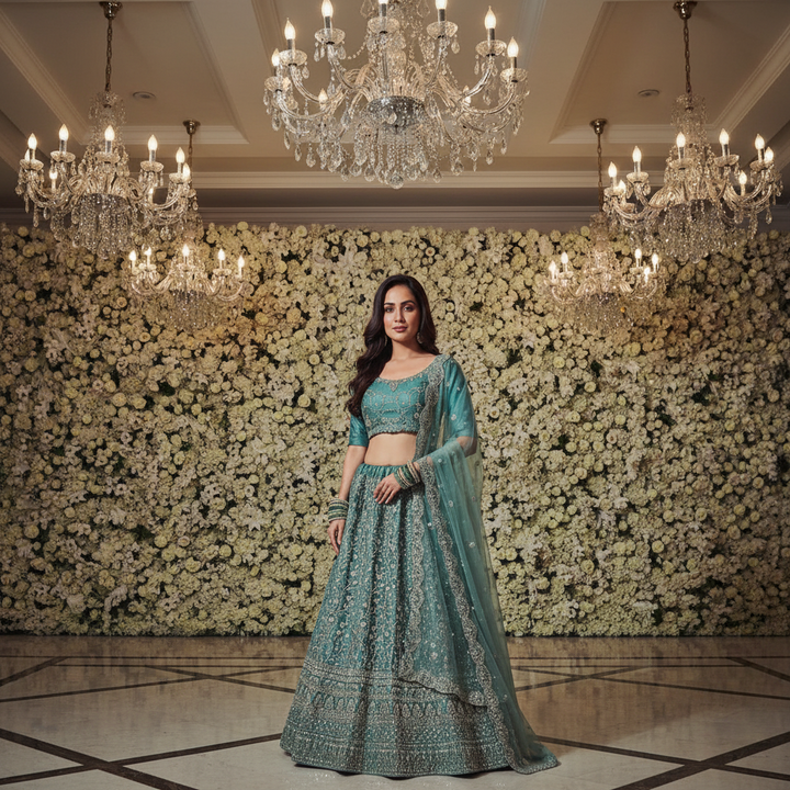 Kuberan Teal Blue Semi Bridal Semi Stitched Lehenga .