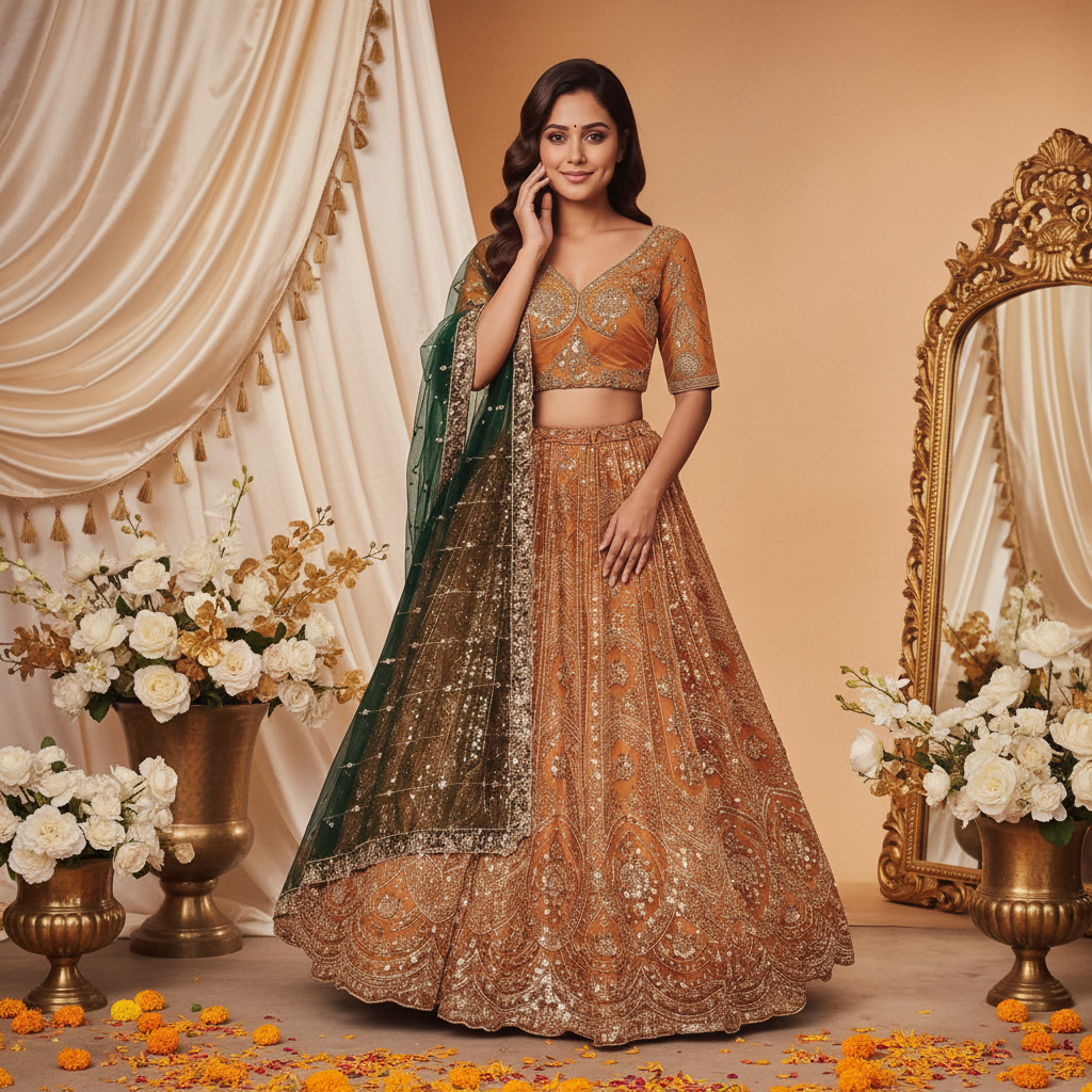 Kuberan Golden  Lehenga Choli with Green Dupatta Semi Stitched
