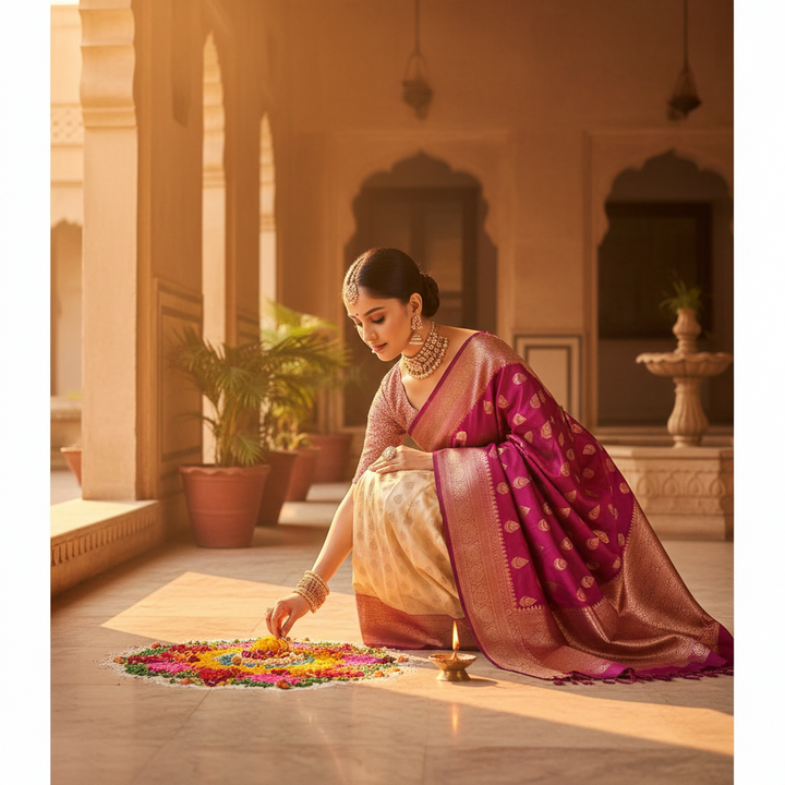 Kuberan cream with pink Half Saree