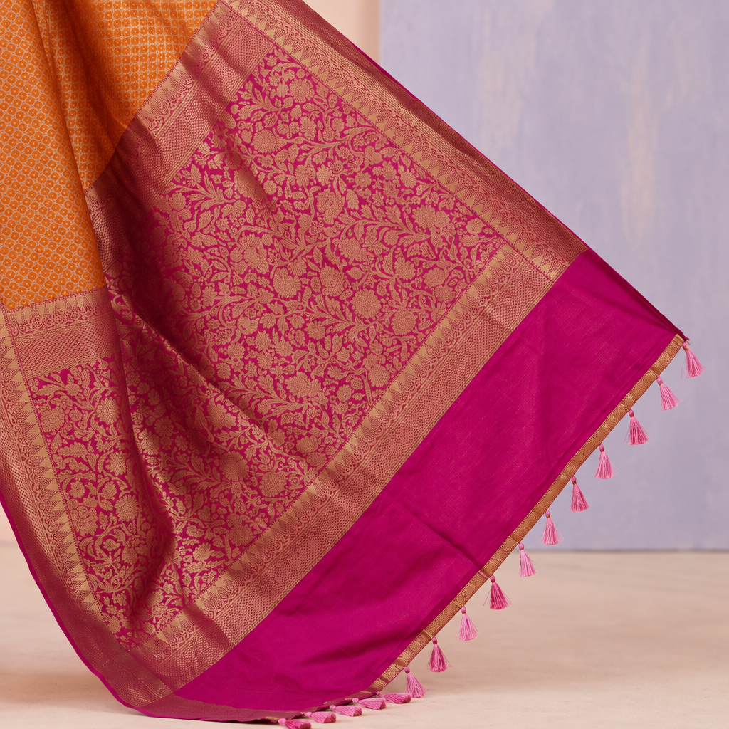 KUBERAN YELLOW WITH PINK SEMI BANARASI SILK SAREE