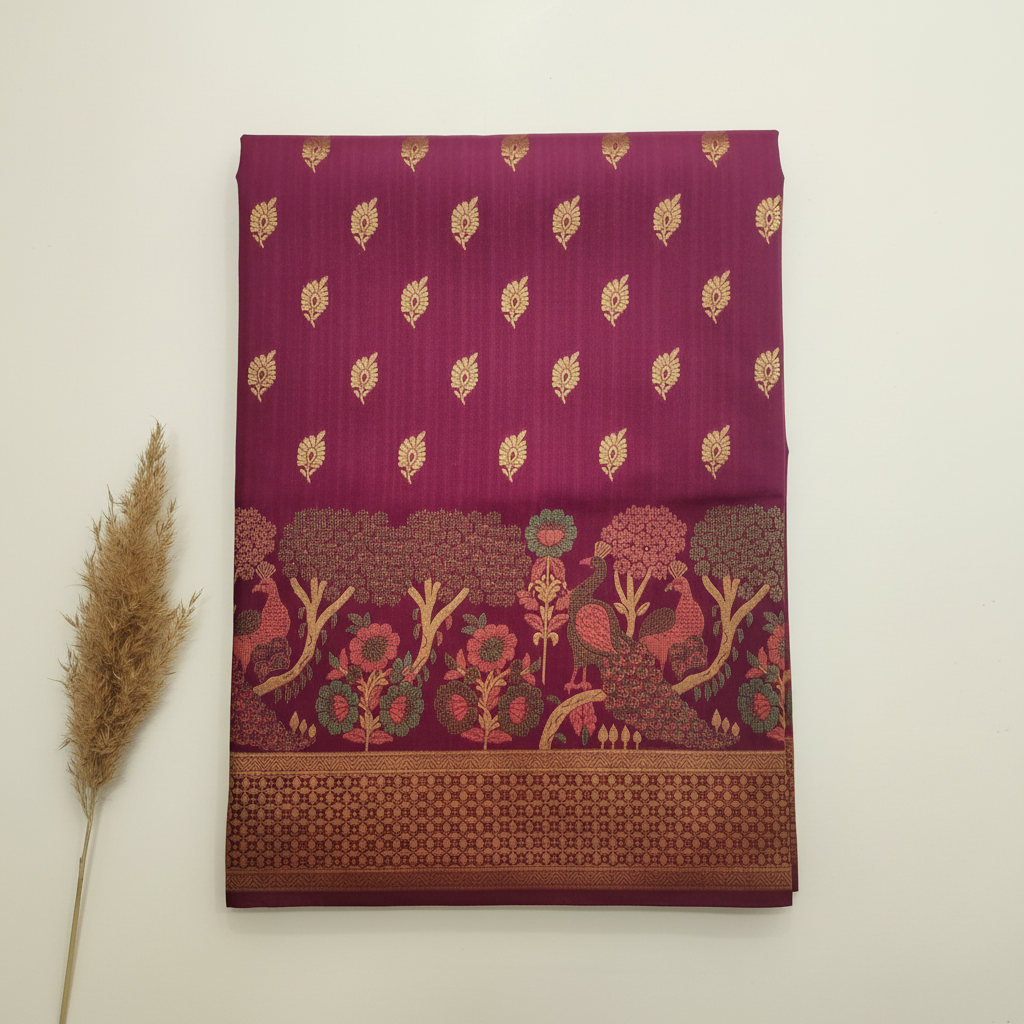 Magenta Peacock Nature Border Silk Saree – Pastel BG Tight Fold