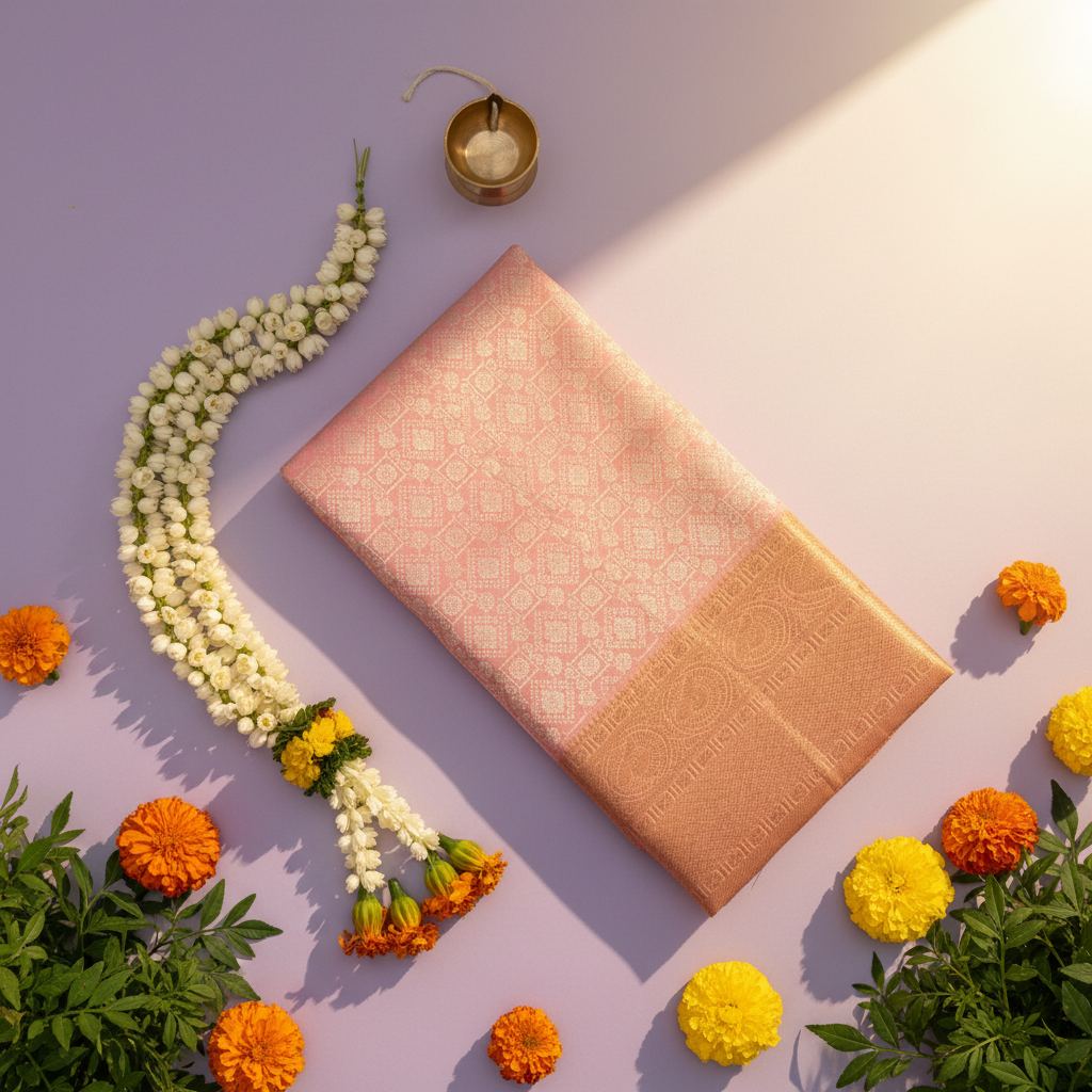 Dusty rose Kanchipuram silk saree flat lay with jasmine garland, marigold flowers and diya
