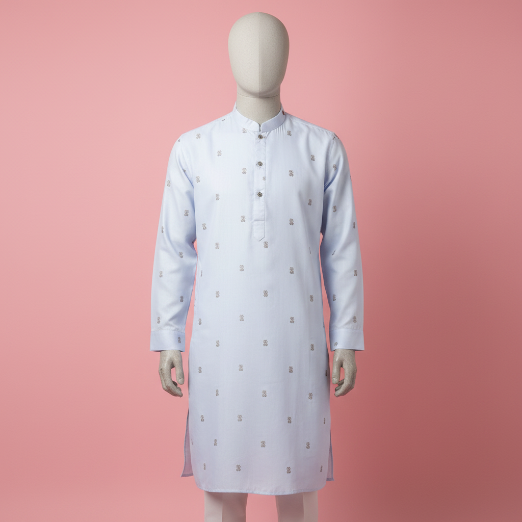 Baby Blue Embroidered Cotton Kurta - Mannequin editorial shot