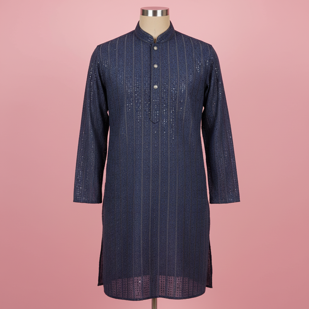 Navy Blue Sequin Embroidered Kurta - Mannequin editorial shot