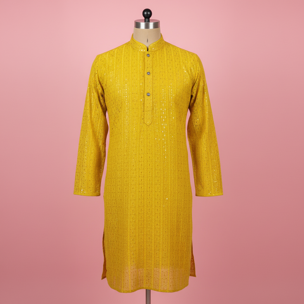 KUBERAN VIBRANT YELLOW SEQUIN EMBROIDERED  KURTA