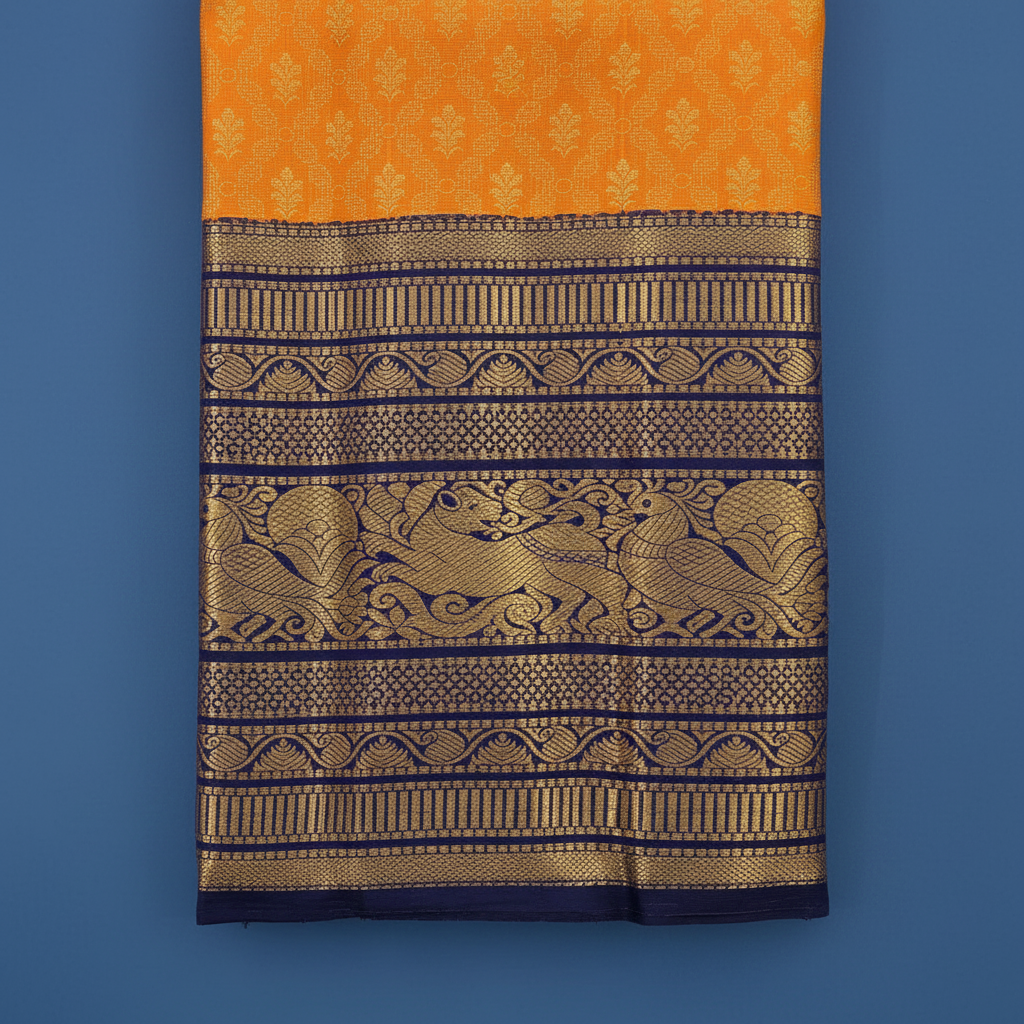 kuberan Marigold Yellow Kanchipuram Silk Saree with Navy Blue Zari Border
