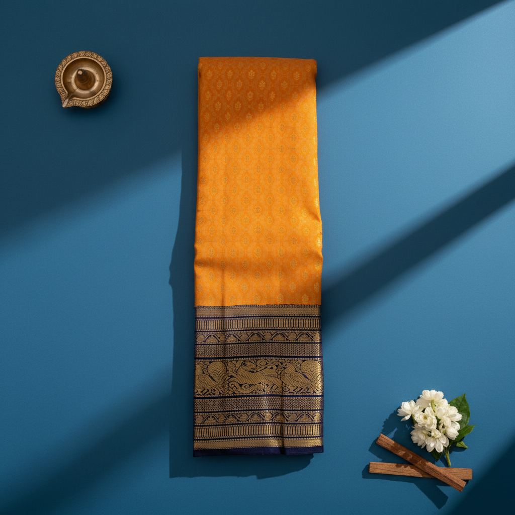 kuberan Marigold Yellow Kanchipuram Silk Saree with Navy Blue Zari Border
